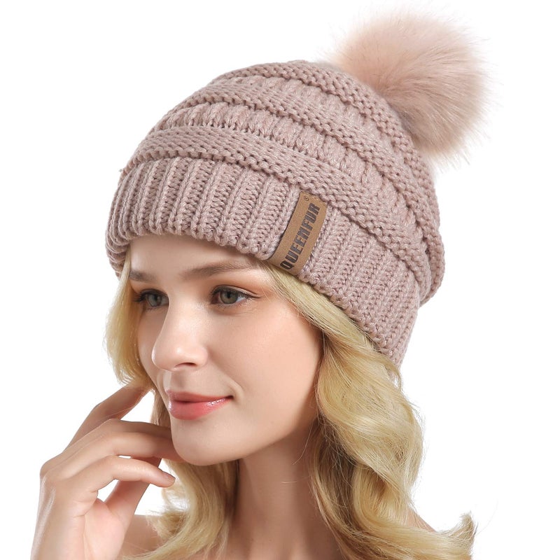 QUEENFUR Women Knit Slouchy Beanie Chunky Baggy Hat with Faux Fur Pompom Winter Soft Warm Ski Cap - Image 2